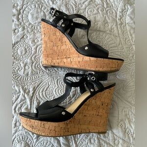 Marc Fisher Helma black leather wedge sandal. Cork wedge size 9. Like new shape